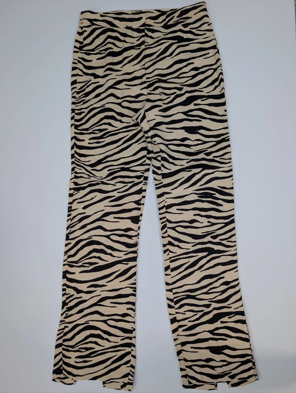 ZARA Women's Zebra Print Split Hem Straight-Leg Pants Viscose Beige Black S - Picture 3 of 13